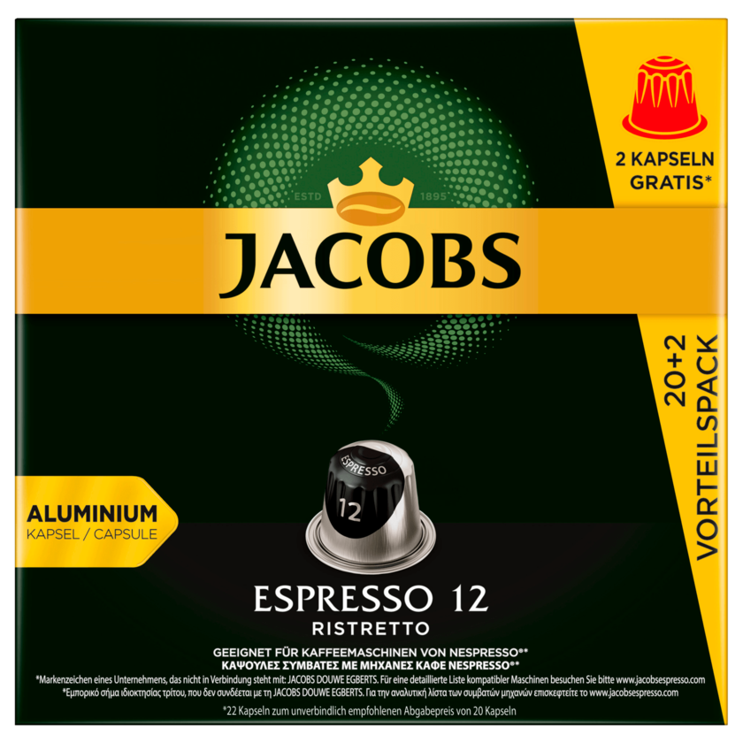 Jacobs Kaffeekapseln Espresso 12 Ristretto 114g, 22 Nespresso kompatible Kapseln
